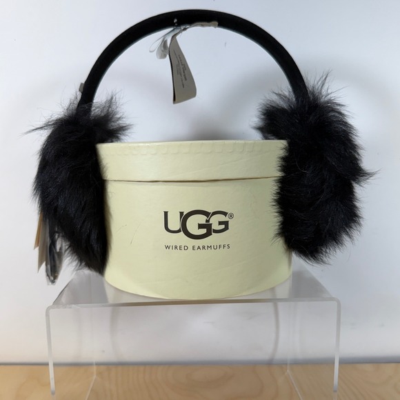 UGG W Toscana Black Wired Earmuffs Genuine Sheepskin Leather Ear Warmers - Picture 1 of 10